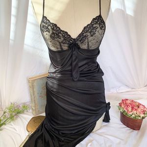 Black silky long dress with slit Women's